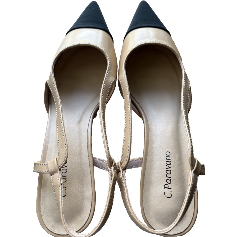 C. Paravano Slingback Heels Women's US 7.5 EU 38 Tan With Black Toes New In Box
